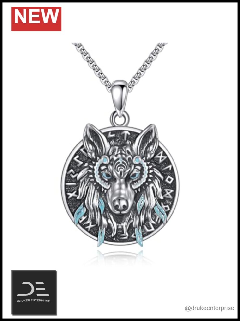 Sterling Silver Wolf Pendant Necklace Viking Norse Mens Jewelry, 22 inch